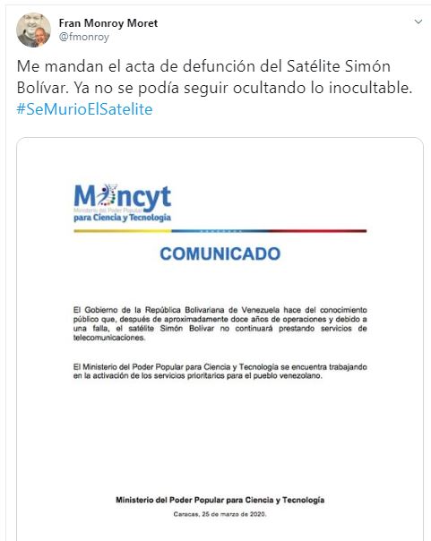 Cese de operaciones del satélite Simón Bolivar
